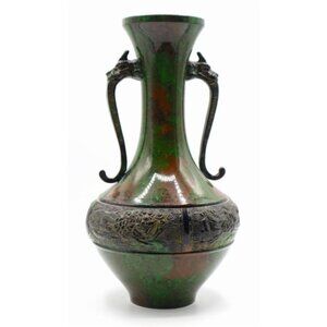 Vintage Japanese Takaoka Green & Bronze Copperware Dragon Vase